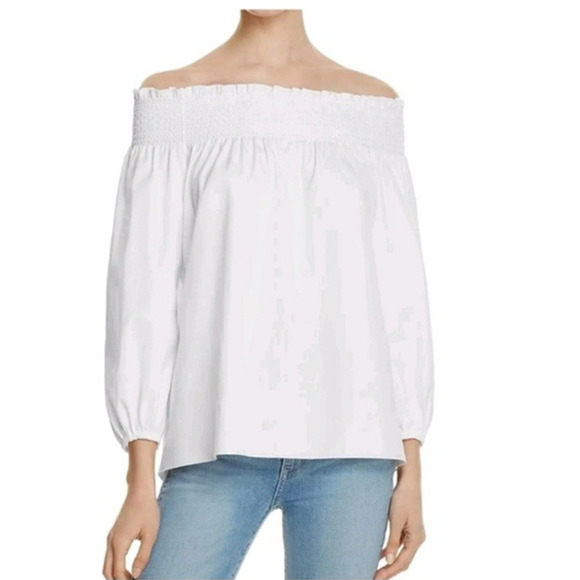 J.Jill Poplin Smocked Off The Shoulder 3/4 Poet Sleeve‎ White Blouse Size 2X - Picture 1 of 12